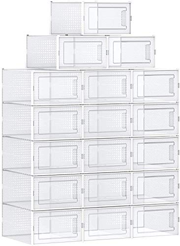 SONGMICS Shoe Boxes, Pack of 18 Clear Plastic Stackable Shoe Organizers, Fit up to US Size 9.5, Sneakers Boots Storage Containers, 9.8 x 13.8 x 7.3 Inches, Transparent and White ULSP18MWT SONGMICS Shoe Boxes, Pack of 18 Clear Plastic Stackable Shoe Organizers, Fit up to US Size 9.5, Sneakers Boots Storage Containers, 9.8 x 13.8 x 7.3 Inches, Transparent and White ULSP18MWT