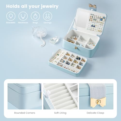 Lolalet 2 Layer Jewelry Box for Teen Girls & Young Women, Jewelry Organizer Case with Bow Clasp and Mirror for Earrings Rings Necklaces Storage, Gift Idea -Blue — view 2
