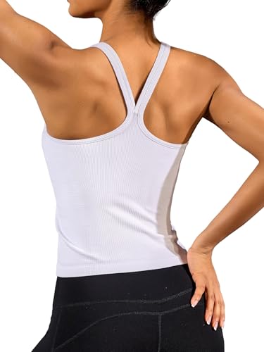ATTRACO Workout Yoga Tops Built in Bra Athletic Running Tank Casual Cropped Top White Tank Top L