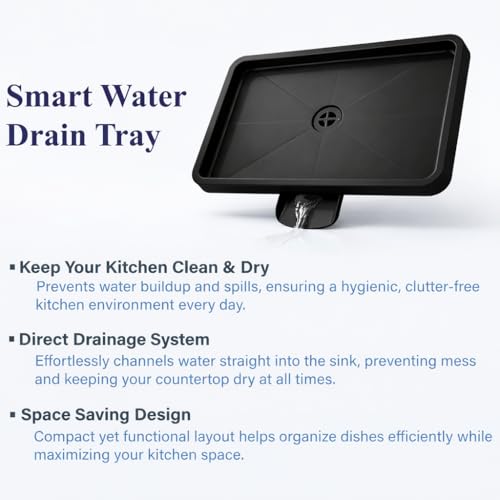 Image of AURAM Dish Drainer Tray Black - Kitchen Sink Drain Board - Water Drip Tray for Drying Utensils - Durable Plastic Dish Drying Base - Anti-Slip, Easy Clean, Large Capacity