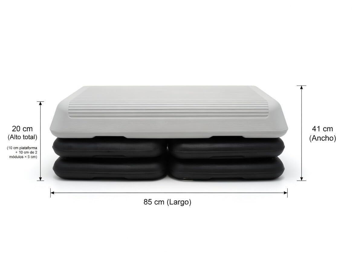 Step Aerobic Profesional - Altura Ajustable 11cm/16cm/21cm - Plataforma de Fitness para Casa y Gimnasio - Fabricado en España - Superficie Antideslizante (Step Profesional + 4 Elevadores)