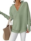 ANRABESS Womens Long Sleeve Quarter Zip Pullover Sweater Casual Loose V Neck Collared Ribbed Knit Jumper Tops Thumb Hole Light Green Small