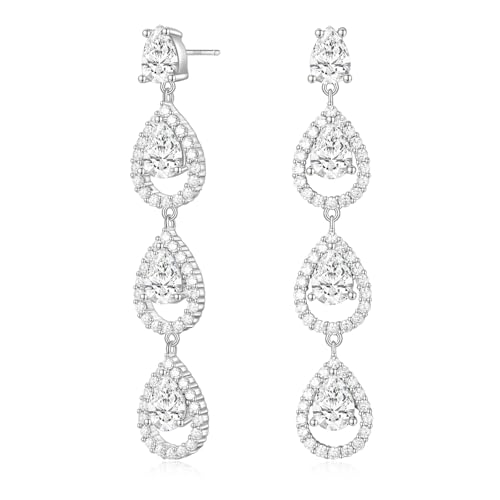 EAMTI 925 Sterling Silver Posts Dangle Earrings for Women Wedding Bridal Earrings Cubic Zirconia Teardrop Long Statement Earrings