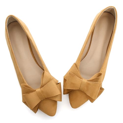 Image of SAILING LU Womens Bowknot Ballet Flats Pointy Toe Suede | Casual Flat Shoes, Dressy Wear to Work, Moccasins, Slip-Ons