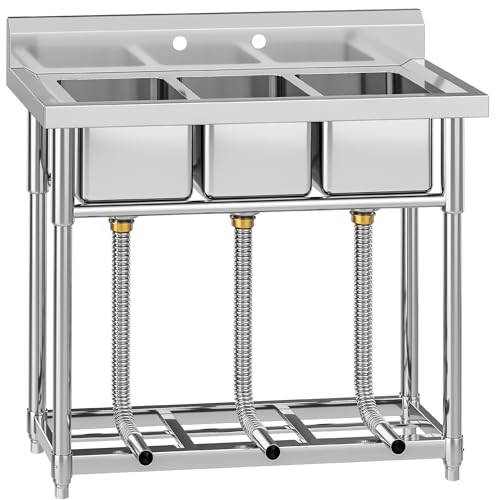 YITAHOME Freestanding Commercial Restaurant Kitchen Sink NSF Stainless Steel 3 Compartment Bowl Outdoor Sink with Storage Shelve for Restaurant, Garag