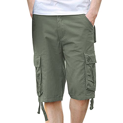 BUKINIE Pantalones cortos casuales tipo cargo para hombre, de algodón, cómodos, con múltiples bolsillos, ligeros, para entrenamiento al aire libre, para uso diario, color liso, A-verde, 3XL
