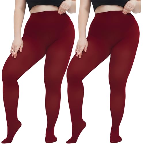 Image of Women's Plus Size Tights Opaque Ultra-Soft Pantyhose High Waist Run Resistant Solid Color Elastic Tights 1X, 2X, 3X, 4X 2Burgundy X-Large