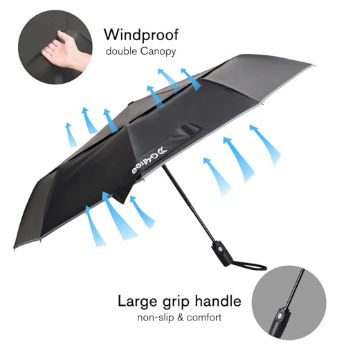 G4Free 42 Inch Eco Windproof Folding Umbrella for Rain & Sun 9 Ribs Wind Resistant Strong Fiberglass Double Canopy with Reflective Strip for Women Men Auto Open Close For Car & Backpack(Black/Interstellar) — view 3
