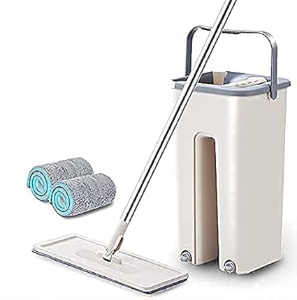 TIMESOON Heavy Quality Floor Mop with Bucket, Flexible Kitchen tap Flat Squeeze Mop Bucket System Cleaning Supplies 360? Flexible Mop Head/2 Reusable Pads Cleaner Mopss (BACKET MOP) (BACKET MOP)