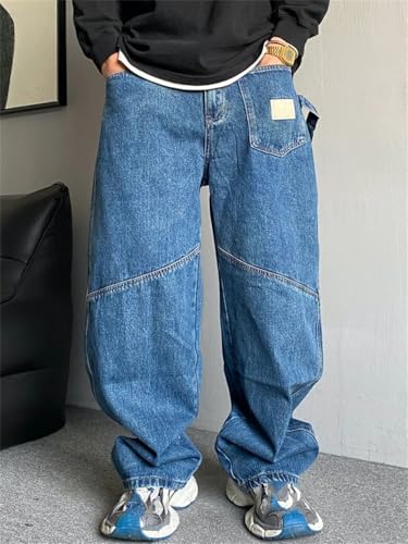 Men’S Hip Hop Trendy Baggy Straight Denim Cargo Pants Slim Fit Button Fly Distressed Full Length Casual Wear Jeans3