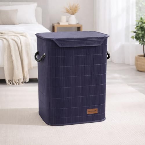 Image of Luxe Home Laundry Basket for Clothes, Premium Bamboo Big Storage Bag with Lid and Side Handle Multipurpose Used In Laundry Rooms, Bedrooms, Bathrooms (40x30x50 cm, Navy)