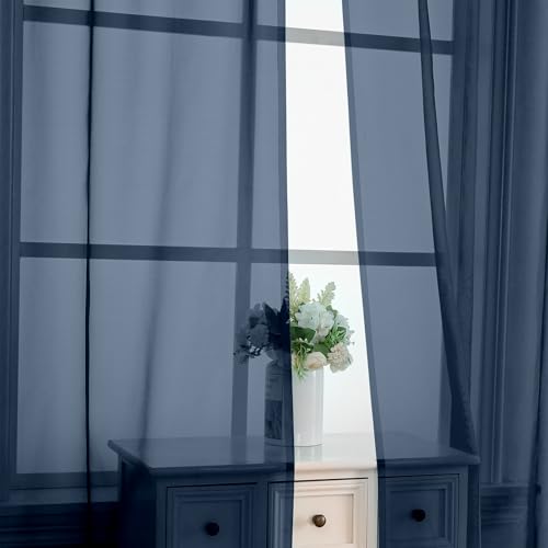 Image of OVZME Navy Blue Sheer Curtains 78 Inches Long 2 Panels - Soft Light Filtering Window Sheer Panels for Living Room /Bedroom, Top Dual Rod Pocket, 1 Pair, Each 42Wx78L Inches