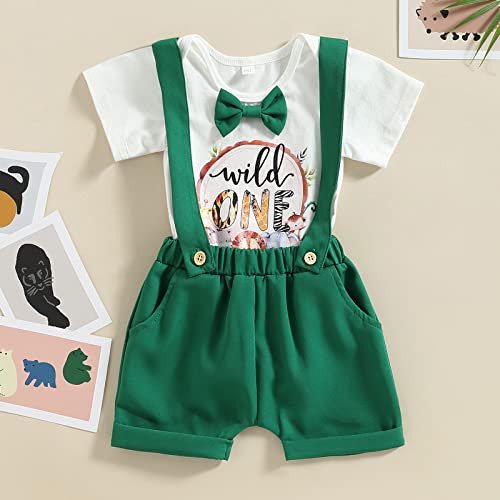 Baby Boy 1St Birthday Outfit Wild One Animal Print Bowtie Romper Suspender Shorts Cake Smash Clothes (Ink Green, 6-12 Months) #TOP3