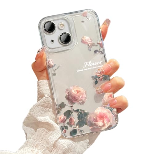 KeKeYou iPhone 14 用 ケース クリア 可愛い バラ本 花柄 TPUソフトケース 透明 かわいい 韓国 ケース 薄くて軽い 女の子 女性人気 おしゃれ スマホケース 耐衝撃 携帯カバー iPhone14 用 クリアケース (iPhone 14用,クリア）