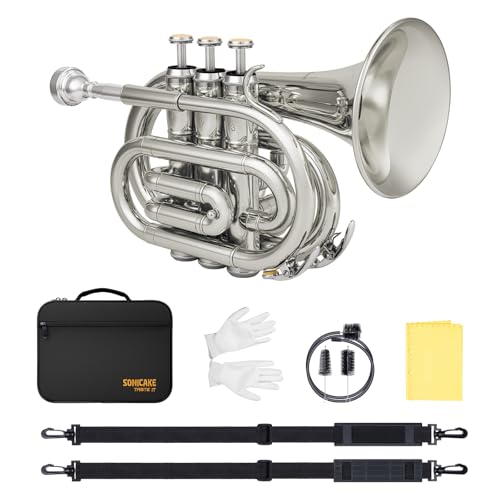 SONICAKE Pocket Trumpet for Beginners Students - Nickel Plated Bb Flat Mini Brass Trumpet Full Kit with 7C Mouthpiece Hard Case Gloves & Cleaning Kit QPT-02 (Nickel)