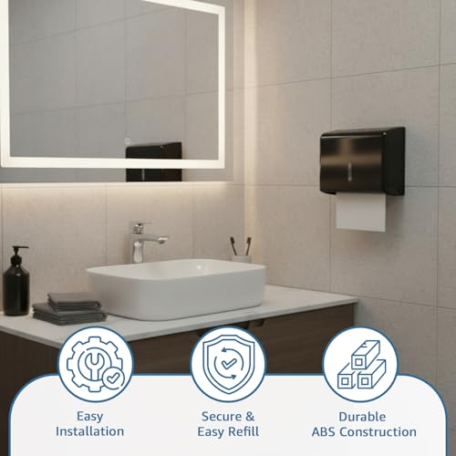 Image of Amazon Basics Wall-Mounted Multifold Paper Towel Dispenser | ABS Plastic | Black | 25.3L x 19.5Hx 9.1D cm