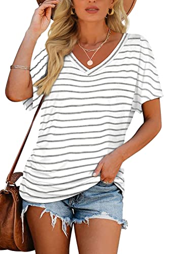 Image of WIHOLL Womens Summer T-Shirts Short Sleeve V Neck Dolman Tops with Side Shirring Loose Fit Shirts Spring Fashion