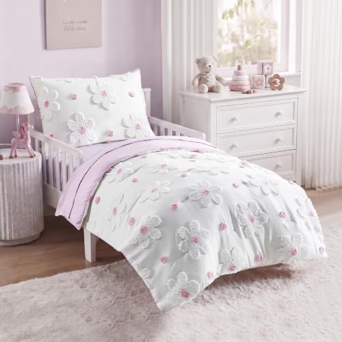 Image of Toddler Bedding Set for Girls 4-Piece Purple Boho Tufted Daisy Flowers Toddler Bed Comforter Set Bed-in-a-Bag Toddler Sheets Bedroom Set with Toddler Comforter, Flat Sheet, Fitted Sheet, Pillowcase