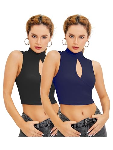 Image of Shasmi Women's & Girl's Black and Maroon Solid Ribbed High Neck Stand Collar Sleeveless Slim Fit Cut Out Tank Tops (Top 43)