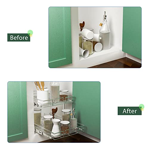 Lovmor 2 Tier Individual Pull Out Cabinet Organizer 14" W X 21" D, Slide Out Kitchen Cabinet Storage Sliding Shelves #TOP6