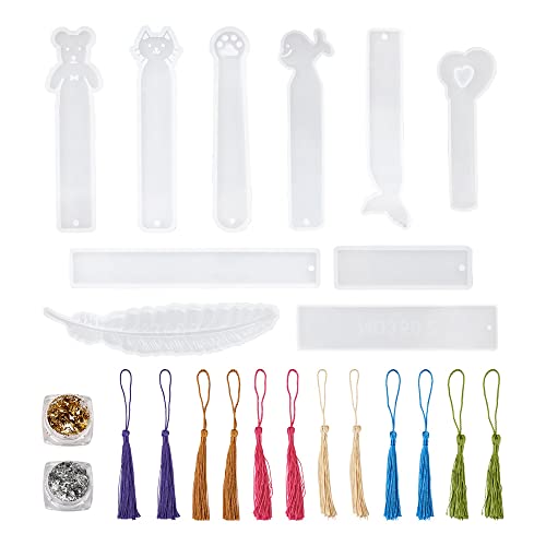 Bestewelry Kit de moules en résine pour marque-page - Moule rectangulaire en silicone - Moule à bijoux en résine époxy avec pompons en polyester pour loisirs créatifs, Mixed Color, Polyamide Cover