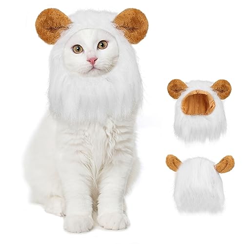 Image of Cat Halloween Costumes - Lion Mane Wigs for Cat Costumes, Adjustable Comfortable Funny Pet Kitten Cats Dress Up Clothing Accessories for Halloween Christmas Festival Party, White