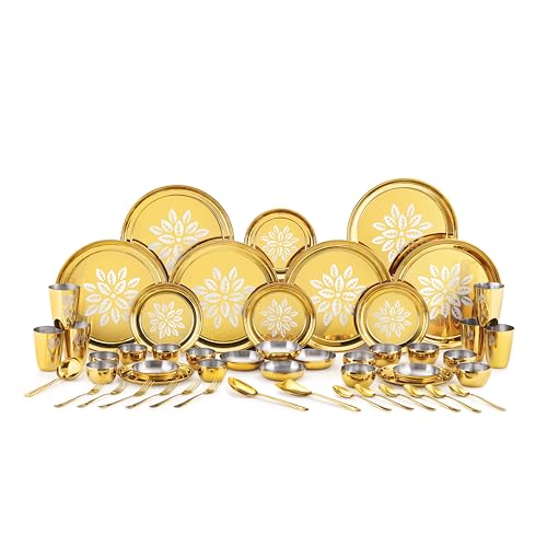 Image of iRiN by Dr.WaterR Parivar Stainless Steel Designer Dinner Set Gold PVD | Kitchen Set | Ideal for Home | Restaurant | Gifting | Wedding | Bowls, Plate, Glass, Spoon, Fork (Pack of 51pc - for 6Person)