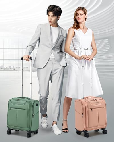 Image of Hanke 45CM Small Soft Shell Cabin Trolley Bags, 8 Silent Spinner Wheels,Charging Port, 8 Storage Compartments, Lightweight Compact Carry-On Luggage for Short Trips & Overnight Use,Forest Green