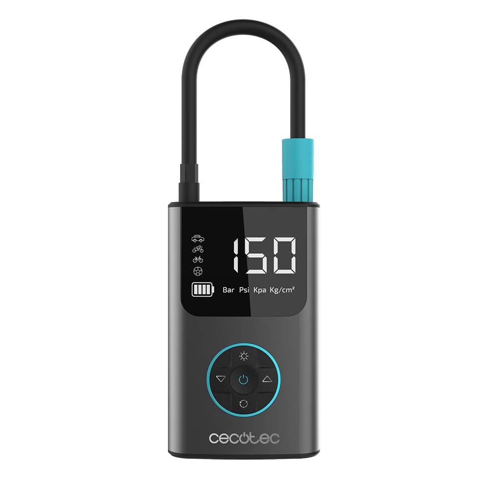 Cecotec Compresseur d'air électrique portable Air Max, Gonfleur 150 PSI, Double batterie 7,4 V et 2000 mAh, Lampe LED, écran LCD, Adapté pour voiture, moto, vélo, trottinette et ballons