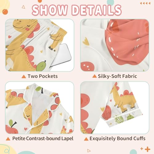 senya Cute Dinosaur Pink A Satin Summer Pajama Sets Silk Short Sleeve Button Down Sleepwear3