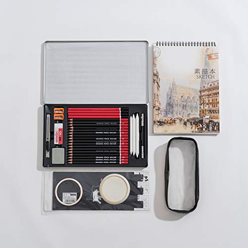 Drawing Pencils Sketch Art Set-33PCS Includes 21 sketching graphite pencils,graphite and charcoal pencils,40pages of 16k sketch book and stationery bag and pen holder for kids Teens and adults.