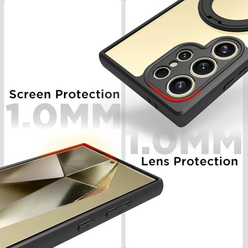 Image of RIGGEAR Shockproof Sleek Hybrid Armor 360 Rotating Magnetic Ring Stand Back Cover Case Compatible with MagSafe Accessories for Samsung Galaxy S24 Ultra (Clear PC + Black TPU Bumper)