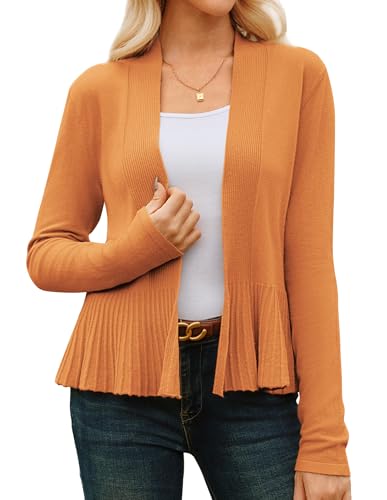 Image of GRACE KARIN Women's Lightweight Peplum Cardigan Sweaters Open Front Cropped Cardigan Long Sleeve Trendy Summer Knit Tops Light Brown M