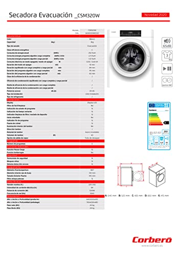 Corbero-CSM320W-Secadora-de-evacuacion-Carga-Frontal-3-Kgs-Evacuacion-Display-LED-Color-Blanco-5-Programas-Secado-Rapido-45-Min-Apertura-180o-65dB-Eficiencia-Energetica-C