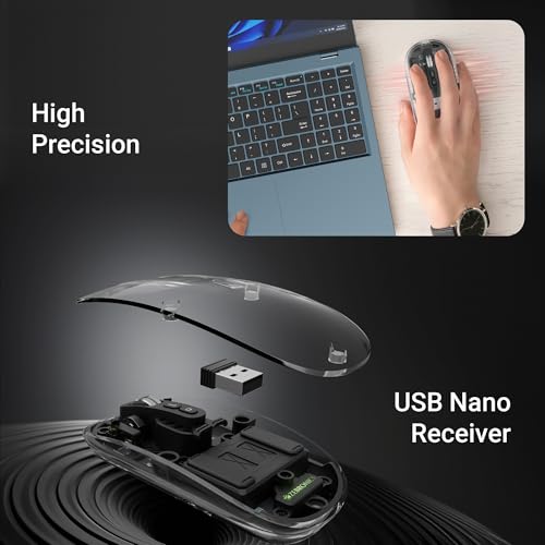 Image of ZEBRONICS Sheer Rechargeable Wireless Mouse, Dual Mode (2.4GHz + BT), Dual Bluetooth, Silent Operation, Transparent Body, RGB, Battery Indicator, for Mac | Laptop | Computer (Black)