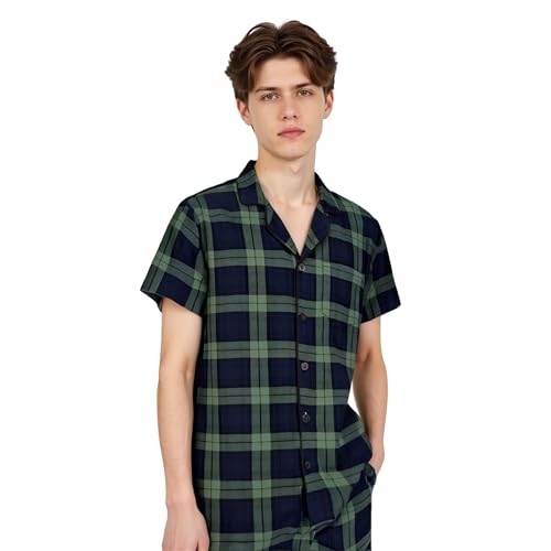 LANBAOSI Mens Pajamas Set Short Sleeve Button Down Shirts Shorts Plaid PJ Set Soft Lounge Set Sleepwear2