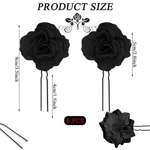8 PCS Black Rose Flower Hair Clips U Shape Floral Bobby Pins,Vintage Rose Hair Accessories for Women Girls Party Beach Wedding(Black) - Image 2