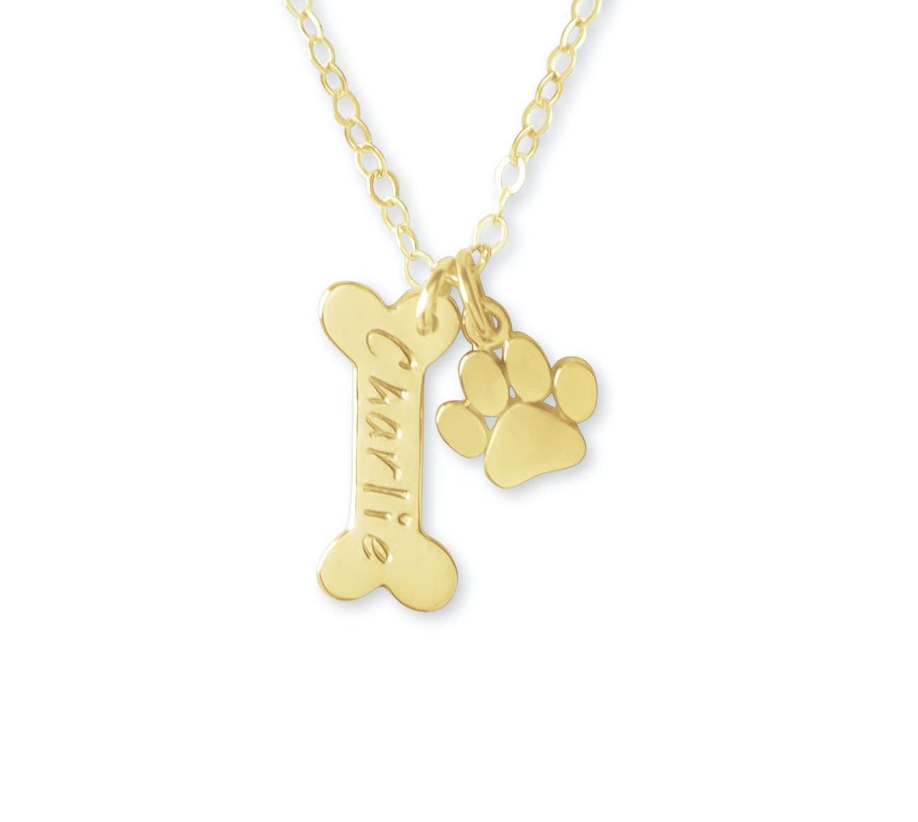 Personalized Dog Bone Necklace, Dog Name Jewelry, Gold or Sterling Silver, Paw Print Charm