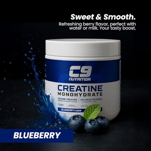 Image of C9 Nutrition Micronized Creatine Monohydrate | 3000mg Ultra-Pure 200 Mesh Filtered Creatine Powder | Boost Strength, Power & Muscle Recovery | Zero Sugar | Blueberry Flavour | 100gm for Men & Women, 33 Servings (100gm, Blueberry)