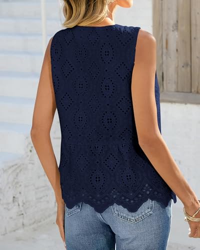 BTFBM Womens Tank Tops 2026 Summer Casual Sleeveless Button Down Shirts Embroidered Eyelet Blouse Beach Vacation Clothes(Navy, X-Large) — view 3