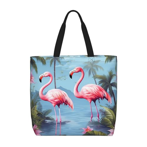 Tropical flamingos Tote Bag for Women, Zipper Casual Tote's Handbag for Travel, Work, Lightweight Laptop Bags Big Capacity Shoulder Bag Reusable Grocery Shopping Bags