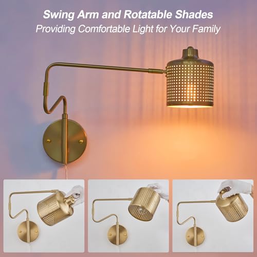 Image of Brass Plug in Wall Sconce, Large Adjustable Swing Arm Wall Light Fixture Modern Gold Wall Sconces for Living Room Up Down Hollow Lampshade Bedroom Wall Mount Lamp