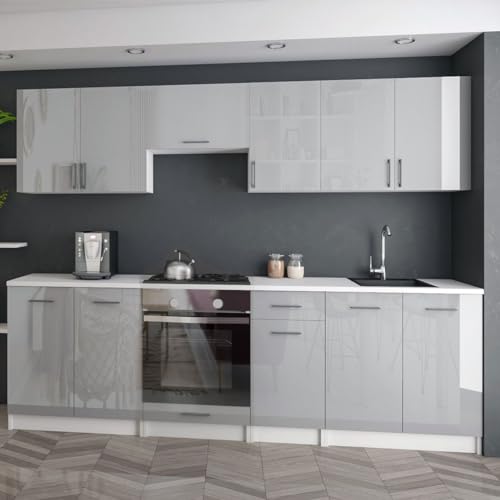 roe furniture Moderne Küchenzeile ohne Elektrogeräte in Grau Hochglanz - Einbauküche mit viel Stauraum - Erweiterbares 2,4-m-Set inkl. Arbeitsplatten in Weiß - 240 x 82 x 46 cm (B/H/T) roe furniture Moderne Küchenzeile ohne Elektrogeräte in Grau Hochglanz - Einbauküche mit viel Stauraum - Erweiterbares 2,4-m-Set inkl. Arbeitsplatten in Weiß - 240 x 82 x 46 cm (B/H/T)