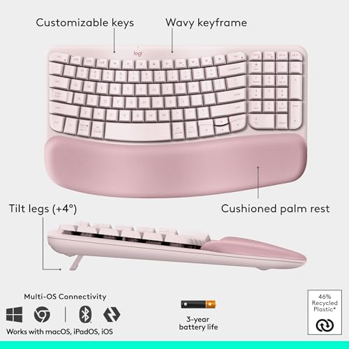 Image of Logitech Wave Keys & Lift Vertical Mouse - Ergonomic Wireless Keyboard and Mouse Combo - with Cushioned Palm Rest, Easy-Switch, Bluetooth, for Multi-OS, Windows /Mac - Rose