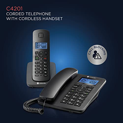 Image of Motorola Voice C42 Corded Phone System + 1 Digital Cordless Handset w /Answering Machine, Call Block - Black (C4201)