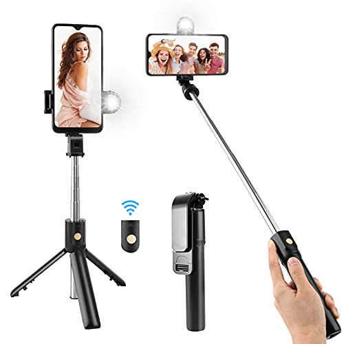 Selfie Stick Tripod with Light OMITIUM Phone Tripod Stand with Wireless Remote , Extendable to 26.9 Inches Compatible with iPhone 12/SE 2/11/11 Pro/11 Pro Max/Xs,Galaxy S20/Note 10/S10/S9