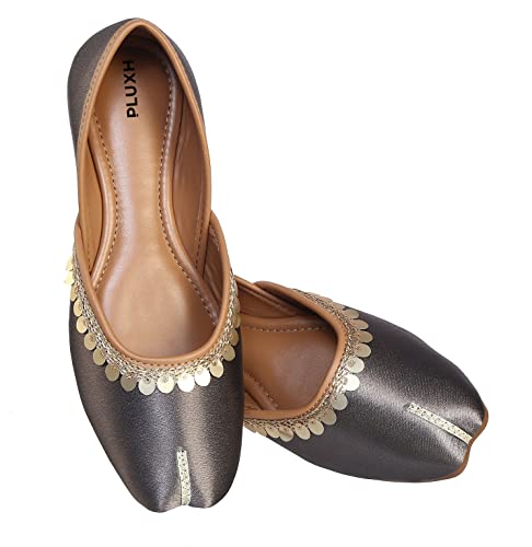 Image of Pluxh Women's Ethnic Jutti Shoes | Shiny Finish Mojari with Sequin Border | Soft Cushioned Slip-On Flats for Casual