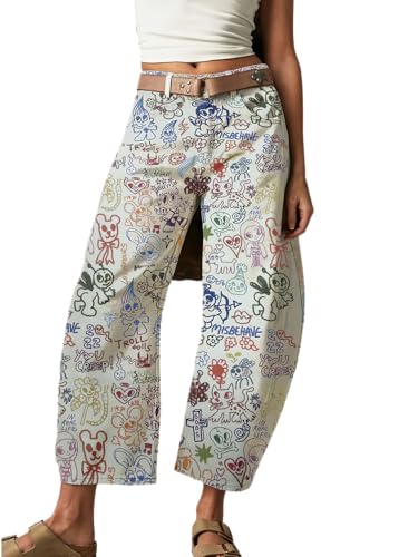 ebossy Women's Cute Floral Patern Baggy Barrel Jeans Mid Rise Wide Leg Horseshoe Capri Denim Pants