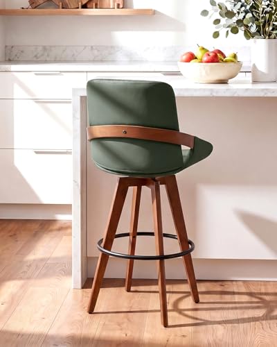Image of AQG Counter Height Bar Stools Set of 4, Mid Century Modern Bar Chairs Swivel with Back, Faux Leather Upholstered Barstools Walnut Wood Frame for Kitchen Island (Green, 26 Inch - 4 PCS)