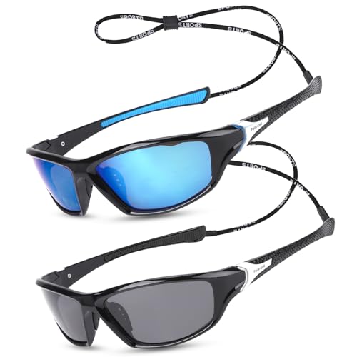Utensilsto 2 Paar Sonnenbrille Herren Polarisiert Sport Sonnenbrille Fahrrad Sportbrille mit Riemen UV 400 Sunglasses für Herren Damen zum Radfahren Fahren Ski Golfen Angeln Fahren Wandern